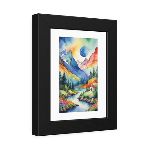 Framed Mountain Landscape Poster — Colorful Watercolor Cabin Print