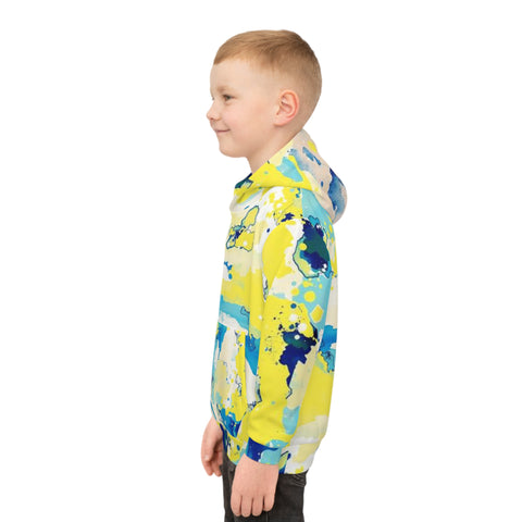 Kids Abstract Watercolor Hoodie – Blue & Yellow All-Over Print