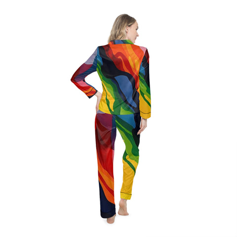 Women's Satin Pajama Set — Colorful Abstract Wave Print Sleepwear