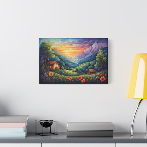Sunset Valley Landscape Canvas Print — Cottage, Mountains & Wildflowers Matte Stretched
