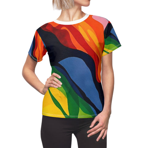 Women's Abstract Colorwave Tee — Vibrant All-Over Print Shirt