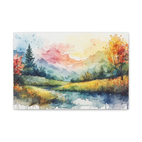 Watercolor Mountain Landscape Matte Canvas Wall Art, Stretched 1.25"