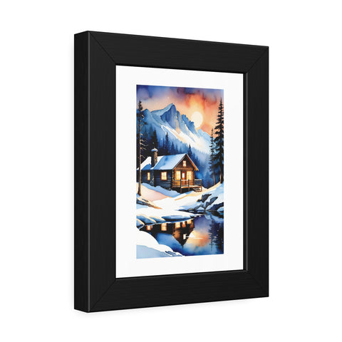 Winter Cabin Poster – Framed Scenic Mountain Print (Cozy Snowy Lodge Wall Art)