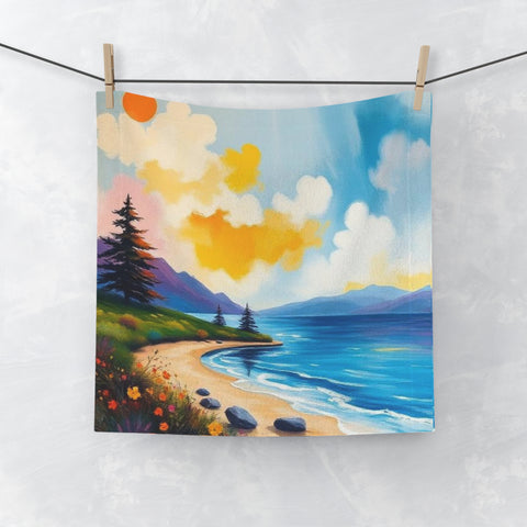 Beach Sunset Face Towel — Coastal Scenery Printed Hand Towel