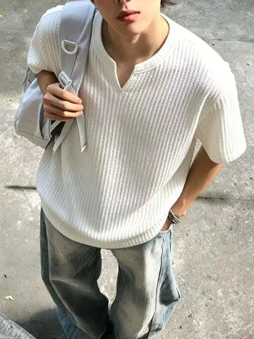 Men's Plus Size Casual Notched Ribbed T-Shirt