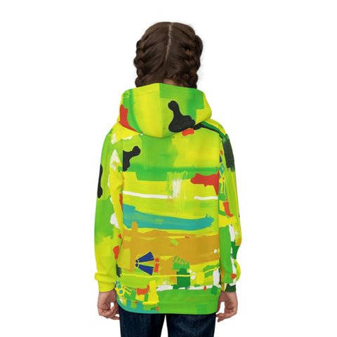Kids Abstract Green Hoodie — Bright All-Over Print Sweatshirt