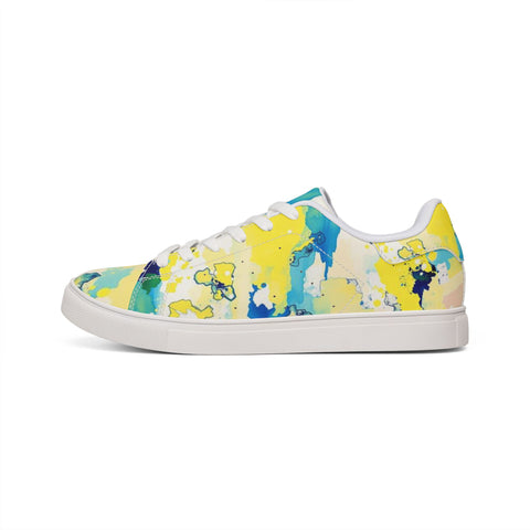 Abstract Watercolor Low-Top Leather Sneakers — Yellow Blue Splash