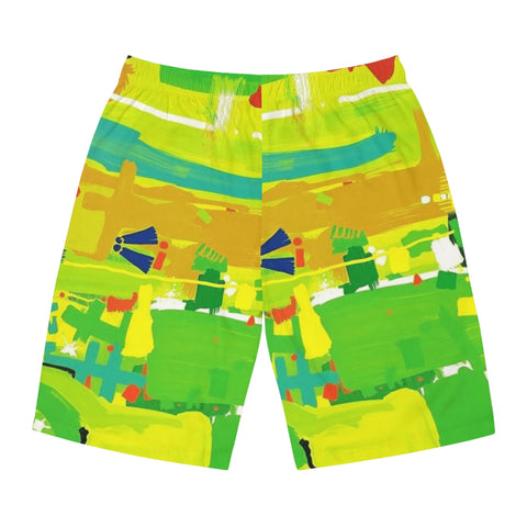 Men's Vibrant Abstract Board Shorts — Tropical Green AOP