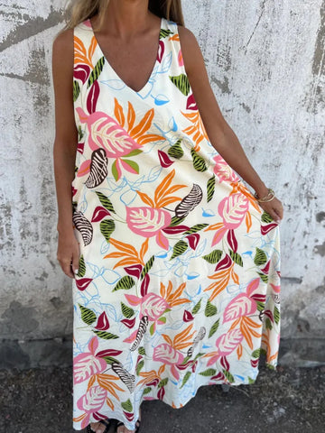 Full Size Printed V-Neck Sleeveless Dress Plus Size