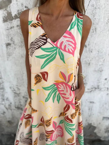 Full Size Printed V-Neck Sleeveless Dress Plus Size