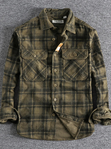 Men's Plus Size Button Down Plaid Corduroy Shirt with Chest Pockets