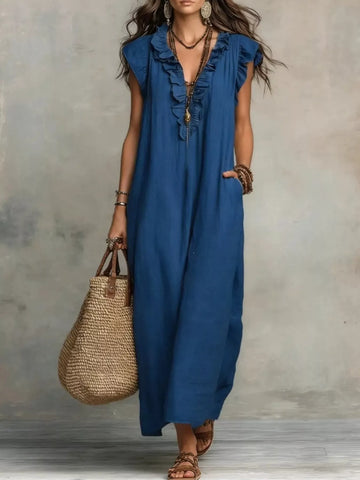 Full Size Ruffled V-Neck Cap Sleeve Maxi Dress Plus Size