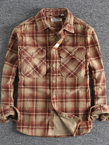 Men's Plus Size Button Down Plaid Corduroy Shirt with Chest Pockets