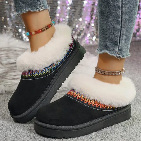 Fur-Lined Platform Boots with Decorative Woven Strap