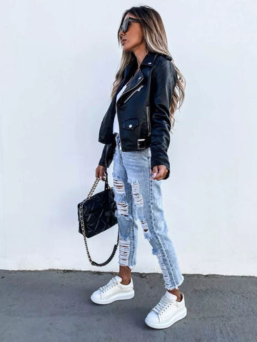 Full Size Zip Up Leather Motorcycle Biker Jacket Plus Size