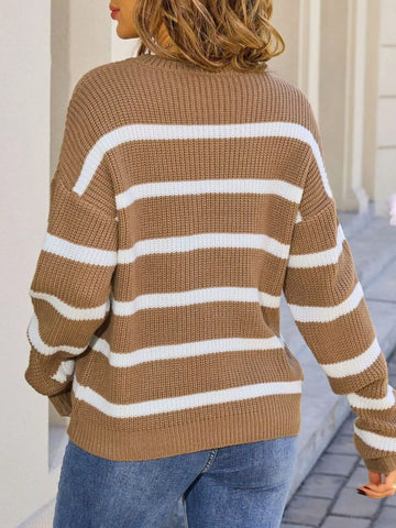 Striped Round Neck Dropped Shoulder Sweater