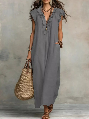 Full Size Ruffled V-Neck Cap Sleeve Maxi Dress Plus Size