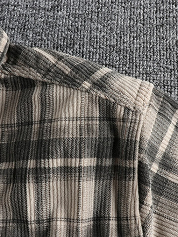 Men's Plus Size Button Down Plaid Corduroy Shirt with Chest Pockets