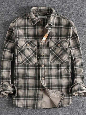 Men's Plus Size Button Down Plaid Corduroy Shirt with Chest Pockets