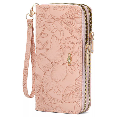 Embossed Floral Pattern Double Zipper Wallet