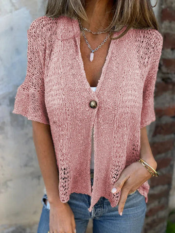 Full Size One Button Openwork Cardigan Plus Size