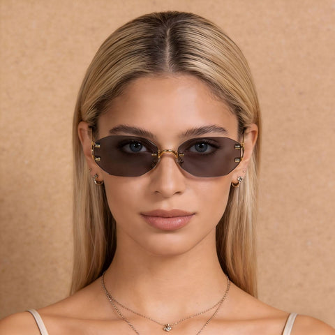 Rimless Oval Sunglasses with Gold Frame