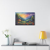 Sunset Valley Landscape Canvas Print — Cottage, Mountains & Wildflowers Matte Stretched