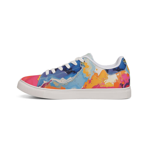 Men's Low-Top Leather Sneakers — Vibrant Abstract Watercolor Print