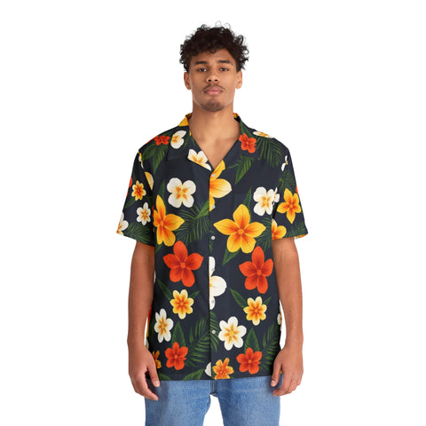 Men's Tropical Floral Hawaiian Shirt — Black Plumeria Aloha Shirt for Beach, Vacation & Luau