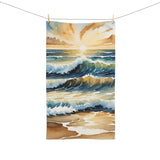 Sunset Ocean Waves Hand Towel — Coastal Watercolor Beach Decor
