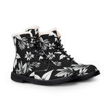 Floral Fur-Lined Leather Boots — Black & White Winter Combat Boots