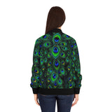 Peacock Feather All-Over Print Bomber Jacket — Women's Vibrant Green Blue Statement Outerwear
