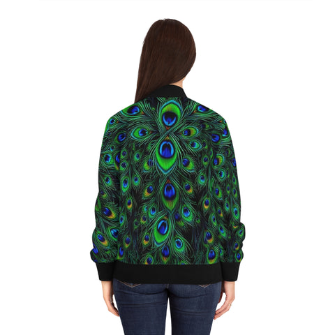 Peacock Feather All-Over Print Bomber Jacket — Women's Vibrant Green Blue Statement Outerwear
