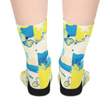 Abstract Blue & Yellow Mid-Length Socks — Artistic Watercolor Pattern
