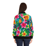 Tropical Parrot Floral Bomber Jacket — Women's Colorful Hawaiian AOP