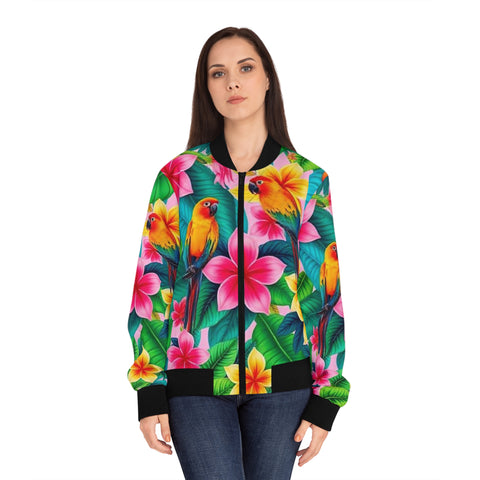 Tropical Parrot Floral Bomber Jacket — Women's Colorful Hawaiian AOP