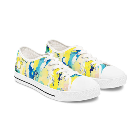 Low Top Sneakers — Abstract Watercolor Yellow & Blue Canvas Tennis Shoes