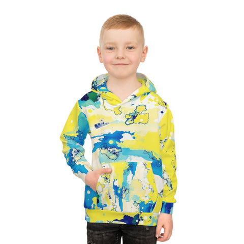 Kids Abstract Watercolor Hoodie – Blue & Yellow All-Over Print
