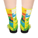 Colorful Abstract Art Mid-Length Socks — Bright Yellow Green Paint Splash Design