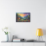 Sunset Valley Landscape Canvas Print — Cottage, Mountains & Wildflowers Matte Stretched
