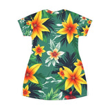 Tropical Floral T-Shirt Dress — Green Hibiscus All-Over Print