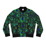 Peacock Feather All-Over Print Bomber Jacket — Women's Vibrant Green Blue Statement Outerwear