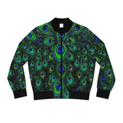 Peacock Feather All-Over Print Bomber Jacket — Women's Vibrant Green Blue Statement Outerwear