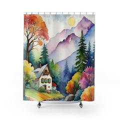 Watercolor Mountain Cabin Shower Curtain — Scenic Forest Landscape Bathroom Decor