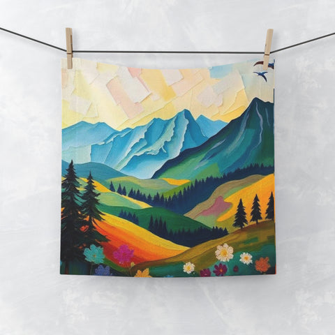Mountain Meadow Face Towel — Colorful Scenic Nature Hand Towel