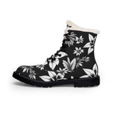 Floral Fur-Lined Leather Boots — Black & White Winter Combat Boots
