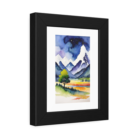 Framed Mountain Watercolor Print — Scenic Landscape Paper Poster