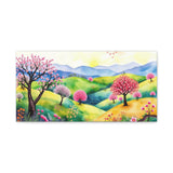 Spring Meadow Canvas Wall Art — Colorful Cherry Blossom Landscape, Stretched Matte Canvas