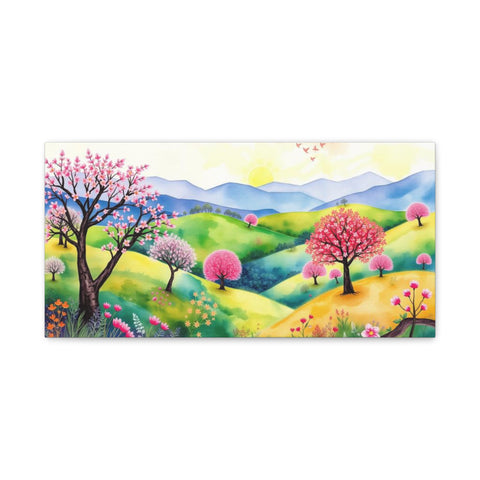 Spring Meadow Canvas Wall Art — Colorful Cherry Blossom Landscape, Stretched Matte Canvas