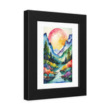Watercolor Mountain Landscape Framed Poster — Vibrant Sunset River Wall Art